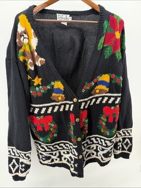 Rafaella Black Holiday Cardigan with Red Poinsettia & Wreath Motifs